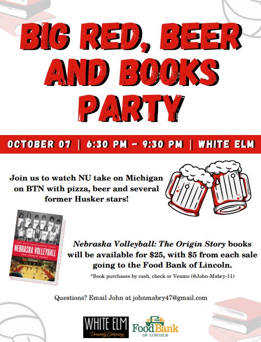 Join @jlmabry51 with special #huskers guests tonight at White Elm in #LNK. $5 from each book sold will be donated to the @FoodBankLincoln!
