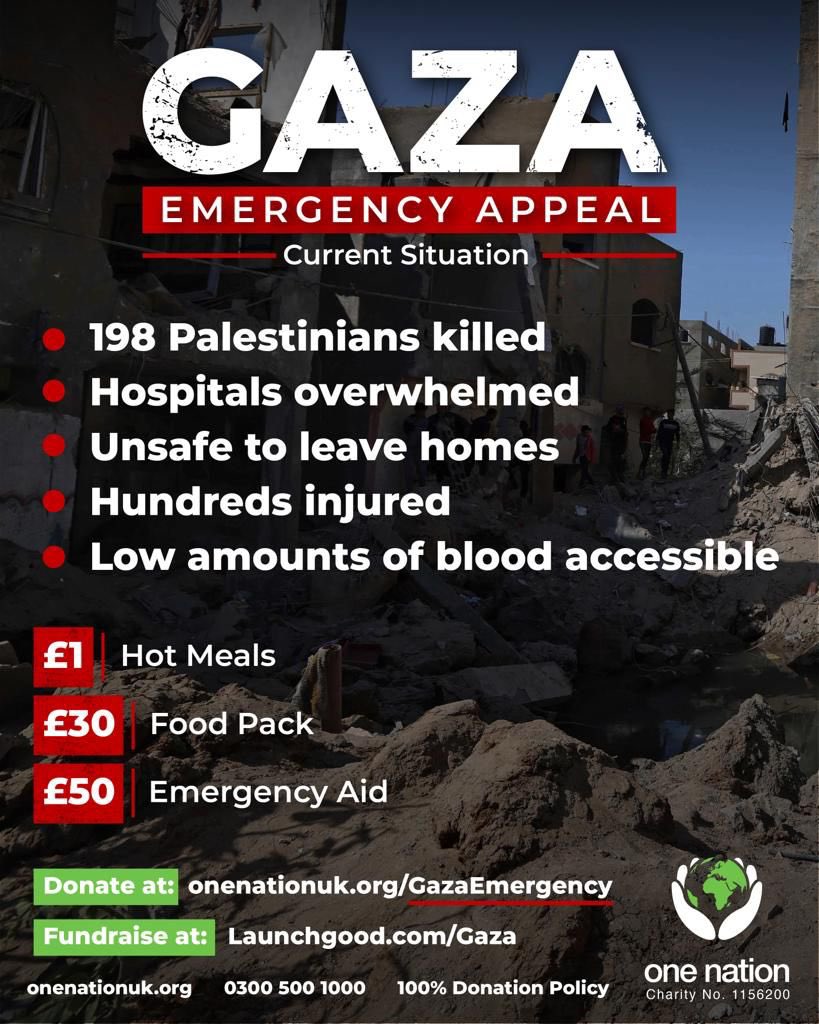 One_NationUK's tweet image. 🚨 #GAZA: Almost 200 Palestinians killed and over a thousand injured. One Nation teams are safe and on the ground assisting those most in need by providing emergency aid.
You can donate and fundraise by going on HelpGazaNow.com ❤️🩹🇵🇸
Please keep them in your dua & share