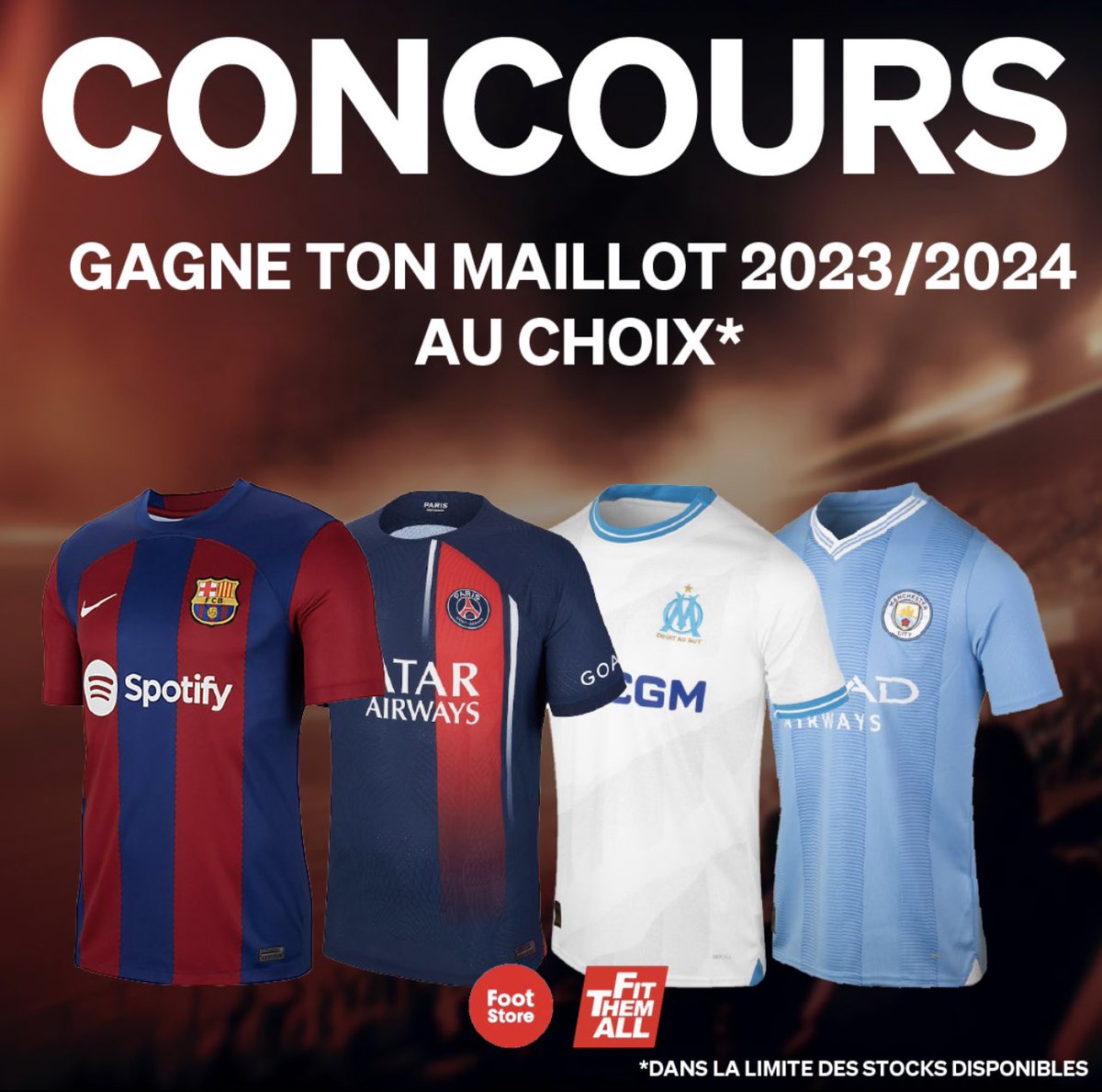 FitThemAll's tweet photo. ⚽️ CONCOURS ⚽️

Tente de gagner le maillot de ton choix!

Pour participer:

+ Follow @FootStore75 et @FitThemAll
 
+ RT ce tweet 

+ Commente l’équipe de ton choix et tag un pote 🏃🏻

(Pas forcément une équipe située sur l’image.) 

Résultat le 15/10! https://t.co/yBF6ZmjMyl