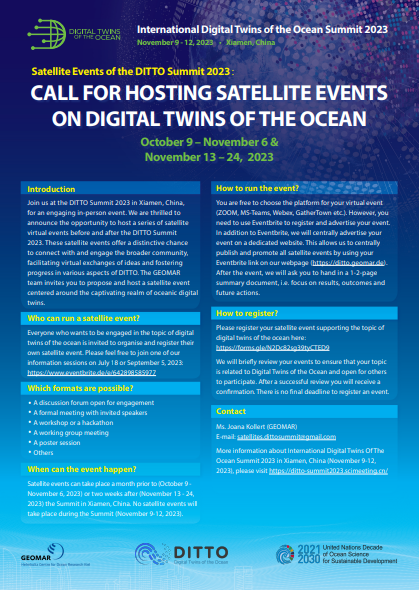 ✨ Call for hosting Satellite Events at the @TwinDitto Summit is open✨ The vision of the #OceanDecade DITTO Programme is to build a world where digital representations of the #ocean are used to support ocean protection & a sustainable #OceanEconomy. ➡️ ow.ly/cnSk50PUem5