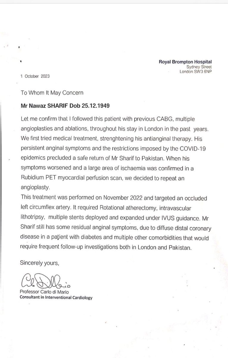 qas58's tweet photo. پاکستان واپسی سےقبل نواز شریف صاحب کی تازہ میڈیکل رپورٹ لندن کےRoyal Brompton Hospital نےجاری کی ہےجوانکےڈاکٹر نےلکھی ہے۔ یہ رپورٹ میاں صاحب کےوکیل نےلاہورکورٹ میں جمع کر دی ہے۔اس میں بتایاگیاہے کہ میاں صاحب کودل کے عارضےکےساتھ دیگربیماری بھی لاحق رہی ہے۔انکا cardiac procedureبھی ہوا ہے۔CovidPandemic کی وجہ سےگزشتہ سالوں میں انکے ڈاکٹروں نےپاکستان جانے کی اجازت نہیں دی کیونکہ وہ ایکHigh Risk patientرہے ہیں۔میاں صاحب کی صحت اورزندگی کےلئیےہمیشہ ہماری ڈھیروں دعائیں انکے ساتھ ہیں۔🤲🤲
@NawazSharifMNS