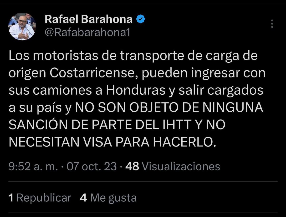 #Actualidad El titular del <a href="/IHTT_HN/">Transporte Honduras</a> , dio a conocer que el transporte de carga de origen costarricense podrá ingresar al país sin ningún tipo de sanción, esto en relación a lo anunciado por Costa Rica de solicitar visa a los hondureños para ingresar a esta nación.