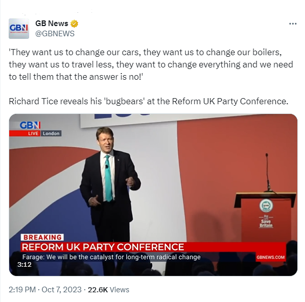 docrussjackson's tweet photo. FFS @Ofcom.

Richard Tice has joined GB "News" &amp; is now - during the Reform Party Conference(which he fucking leads) is using GB "News" as a platform for what is effectively one big Party Political Broadcast!

This is about as 'impartial' as fucking Goebbels was in 1930s Germany! https://t.co/hMjygoBiXm