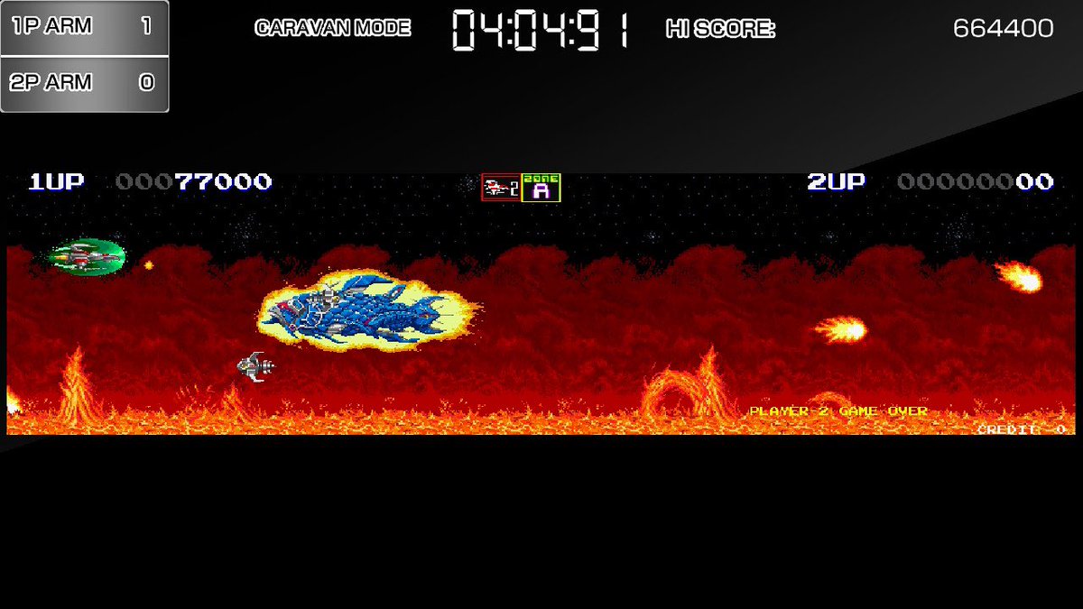 Kinji100's tweet photo. 今週遊んでいたゲーム⑤
アーケードアーカイブス　ダライアスII
キャラバンモードは初日68位だった。
いまは77位まで下がったようだ。
もうちょっとで70万点いけそうではあったけど、この辺が限界かな。
#アーケードアーカイブス https://t.co/lcsvCb8zpV