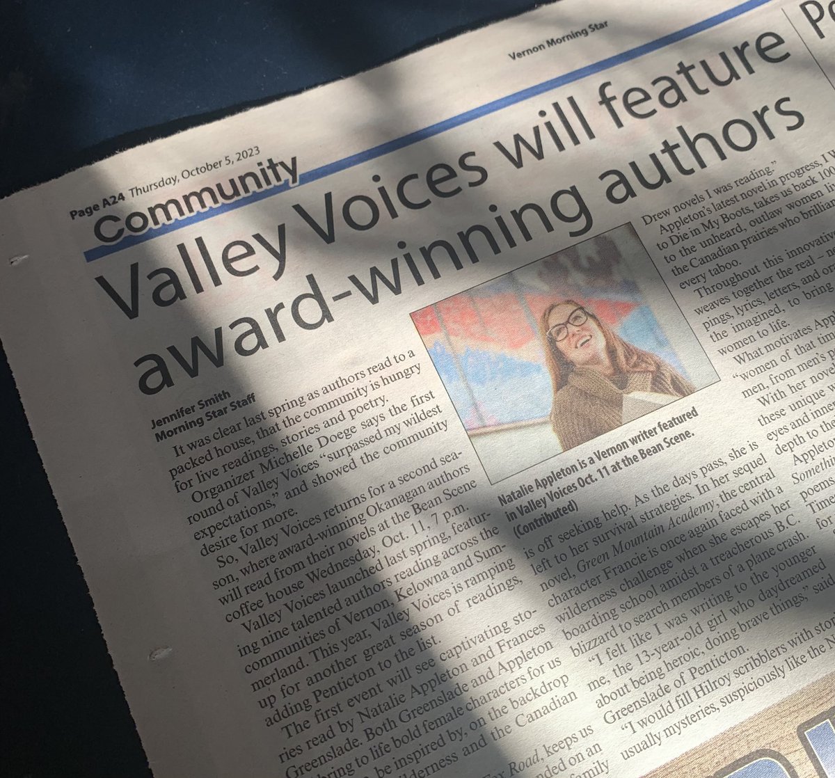 n_appleton's tweet image. Looking forward to this
reading Wednesday with @franciegreenslade! Hope you can join us!

📖Wednesday Oct 11 at 7 pm
📖 Bean Scene
📖 no tickets needed

Thank you @VernonNews for covering Valley Voices!
#vernonbc #downtownvernon #okanagan #readlocalokanagan #readlocalbc