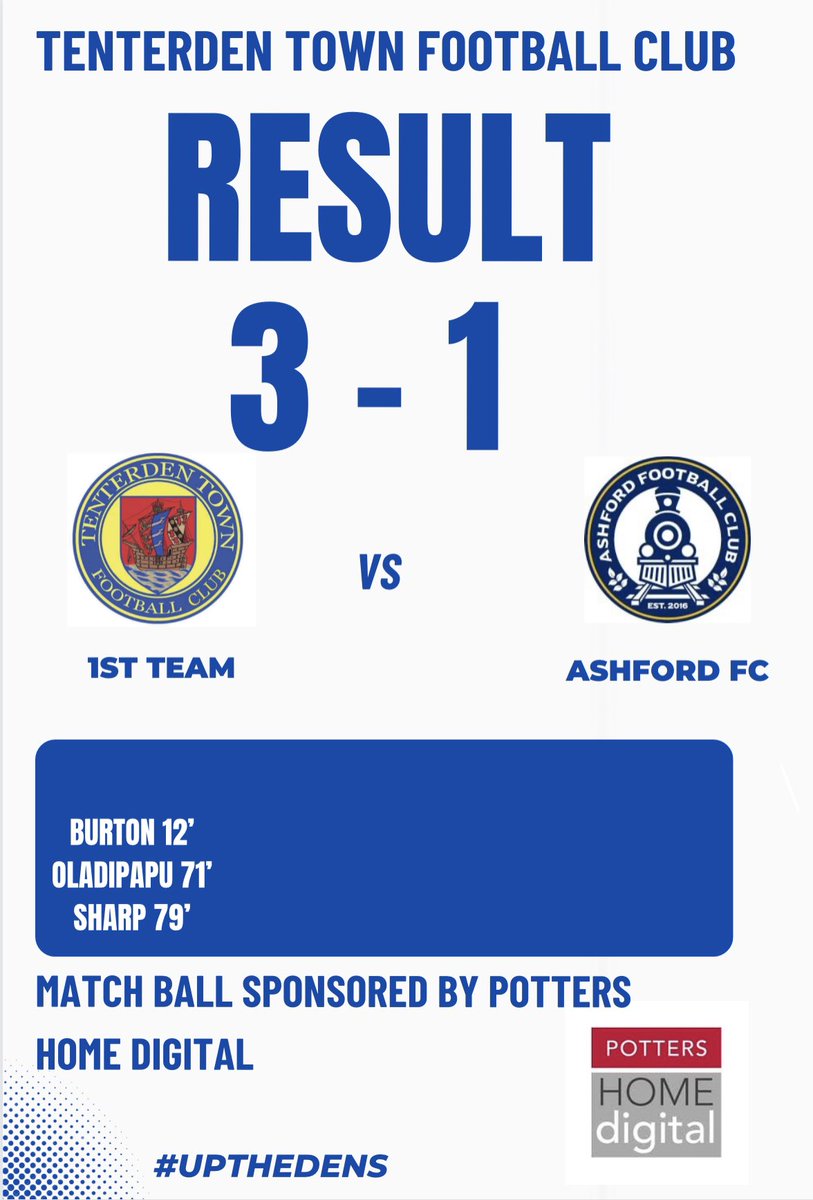 TenterdenTownFC's tweet image. Result!

1st team 3-1 Ashford 

A great result in the local derby! After going in at HT 1-1, the boys came out second half &amp;amp; played some great football to take the lead &amp;amp; kill the game off in the late stages. 

Match ball sponsored by Potters home digital. 

#UpTheDens