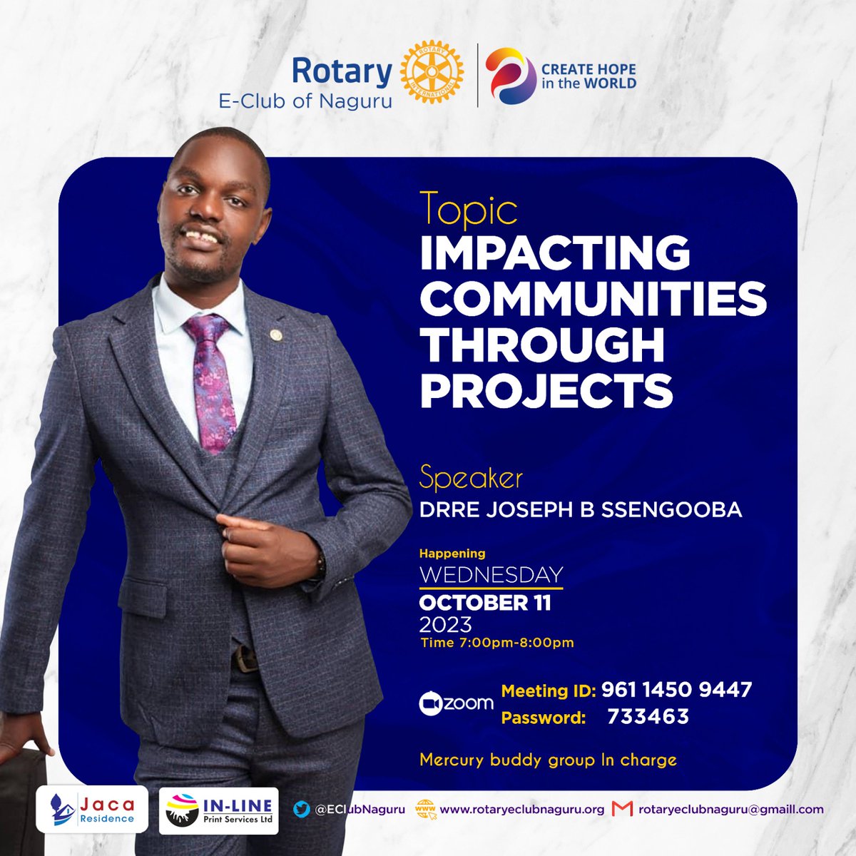 Rotary E-Club of Naguru invites you for a meeting 

Topic: *IMPACTING COMMUNITIES THROUGH PROJECTS* 
<a href="/Jamone23223071/">Dr. Jackson Amone</a> <a href="/rotaryd9213/">Rotary District 9213</a> <a href="/evelyn_akello/">Evelyn Akello</a>