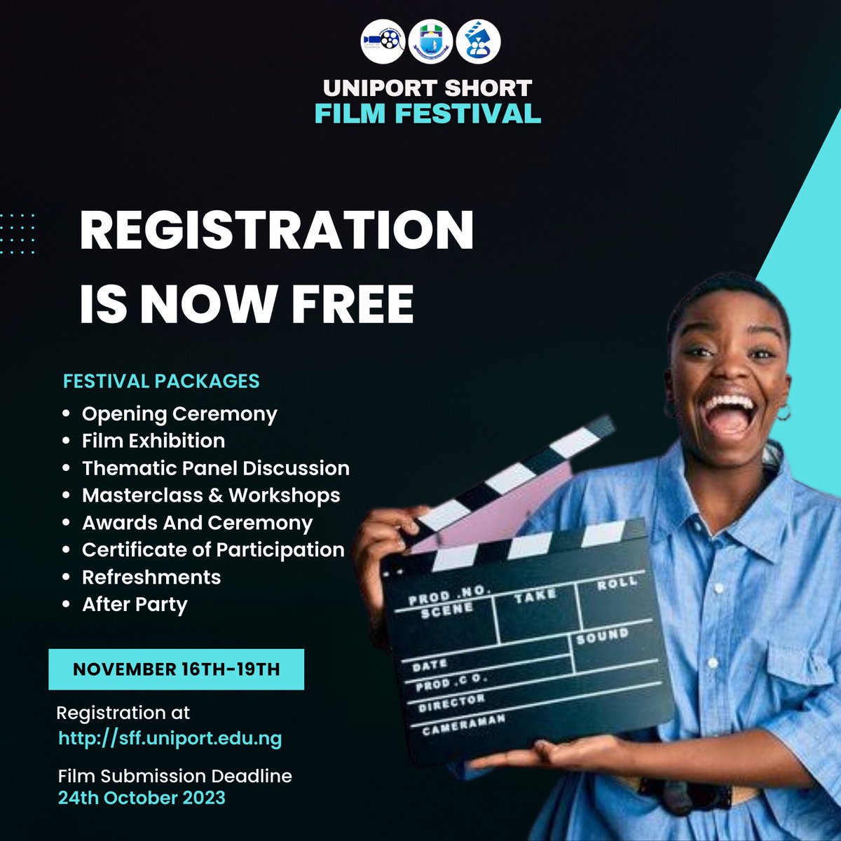 usff_uniport's tweet photo. 🎬 Exciting News! Our Student Film Festival is just around the corner, from November 16th to 19th, and we have a game-changing update for you: Registration is now FREE!

Ready to join the cinematic celebration? Register and submit your film at https://t.co/pfUrFeojyV 
#filmfest https://t.co/Myc7NIICBj
