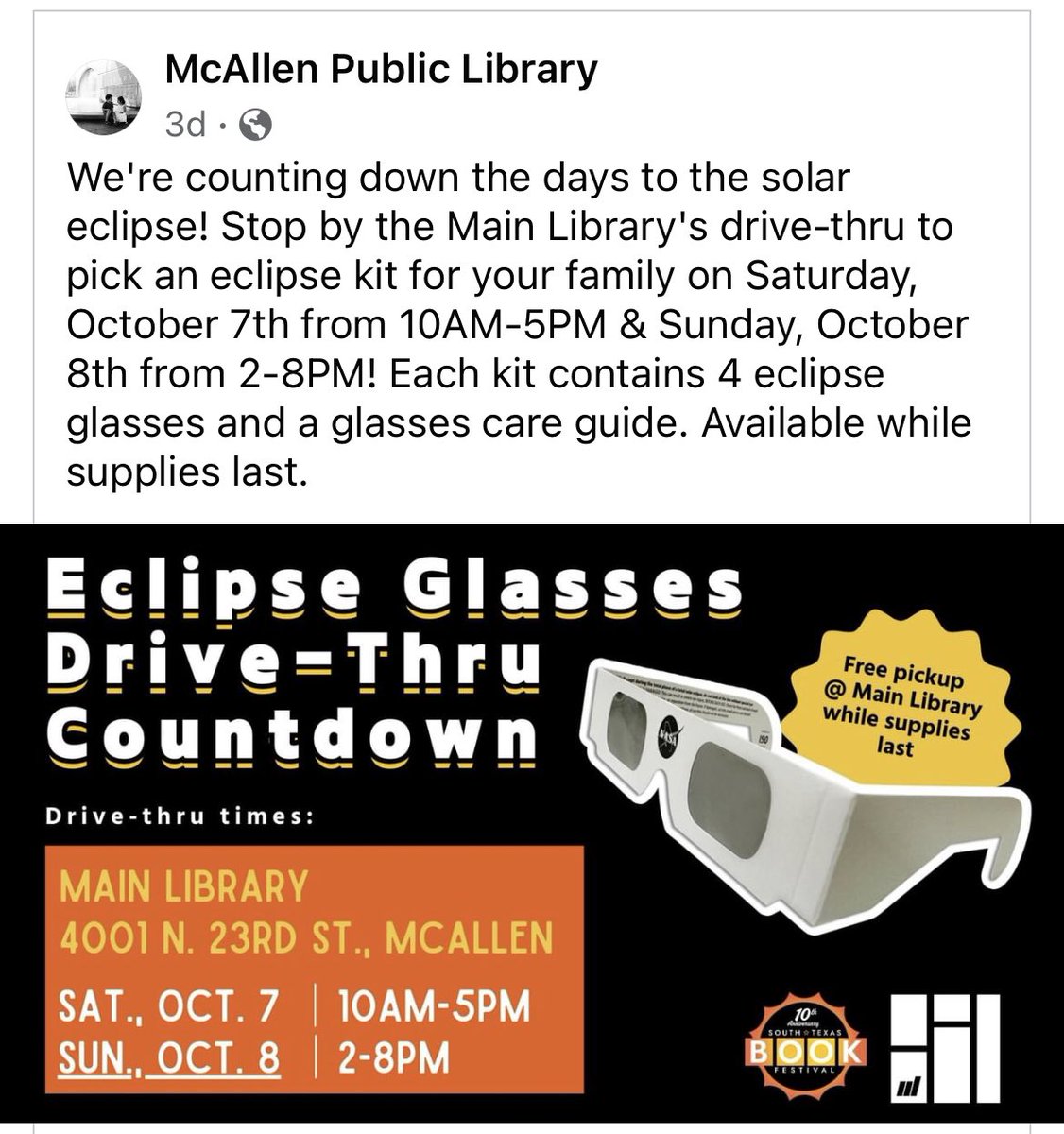 Marisa Pompa (@mrspompa14) on Twitter photo Happening today & tomorrow at McAllen Public Library! Drive by the book drop-off lane on the North Side of building and get your Eclipse Kit! <a href="/Rockets120/">Rayburn Elementary</a> <a href="/ScienceMISD/">Stephanie Beltran</a> Happening today & tomorrow at McAllen Public Library! Drive by the book drop-off lane on the North Side of building and get your Eclipse Kit! <a href="/Rockets120/">Rayburn Elementary</a> <a href="/ScienceMISD/">Stephanie Beltran</a>