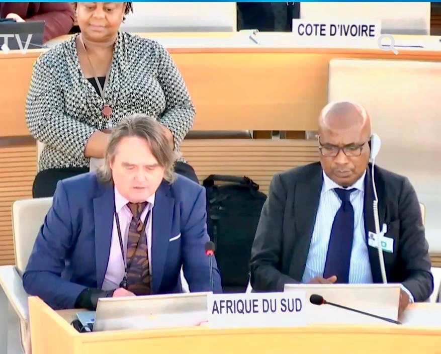 After 4 years of diplomatic service 
@SAfrPMUN_Geneva, Counsellor: Human Rights, Mr. Ivan Vosloo delivered his final statement on behalf of 🇿🇦 at #HRC54 during the General Debate on the fight against Racism, Xenophobia & Other Intolerances & the Implementation of the #DDPA.🙌🏽🙌🏽🙌🏽