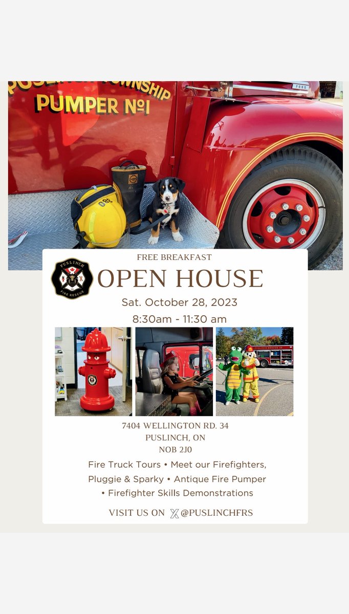 PuslinchFRS's tweet photo. We are hosting an Open House, Sat. Oct. 28th, 9:30 am to 11:30 am. 
Come say 👋 @PuslinchFRS.

FREE breakfast, meet our firefighters, Pluggie and Sparky.

Photo opp. with our Antique Pumper, firefighter skills demonstrations, and more. 

@TwpPuslinchON @NFPA @ONFireMarshal https://t.co/s1BCNRBKNj