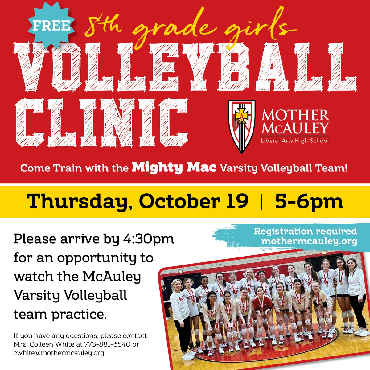 McAuleyMacs's tweet photo. Attention 8th Graders 📣 Be a Mighty Mac for the day and train with the Varsity Volleyball team on Thursday, October 19th!

Register Here: https://t.co/On46djCFmK https://t.co/dq6mTMXJG5