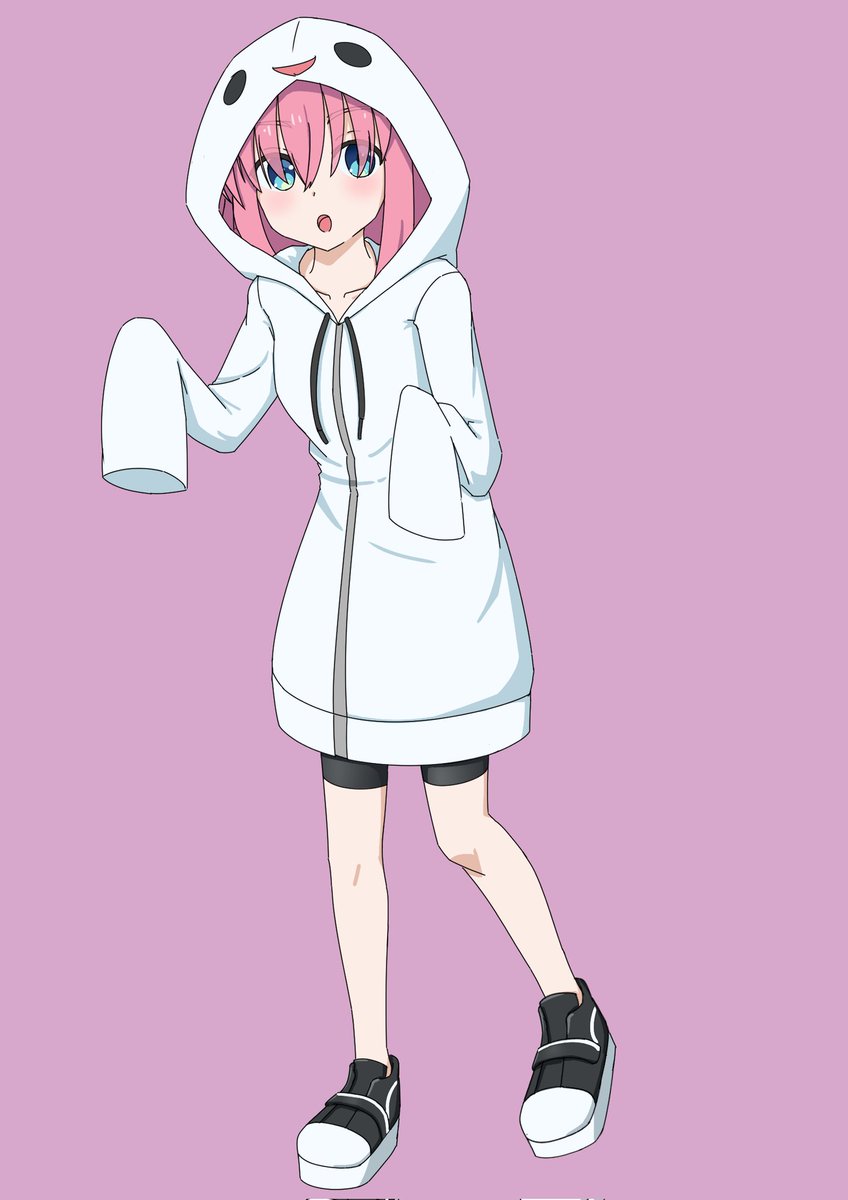 1girl solo pink hair hood full body simple background blue eyes  illustration images