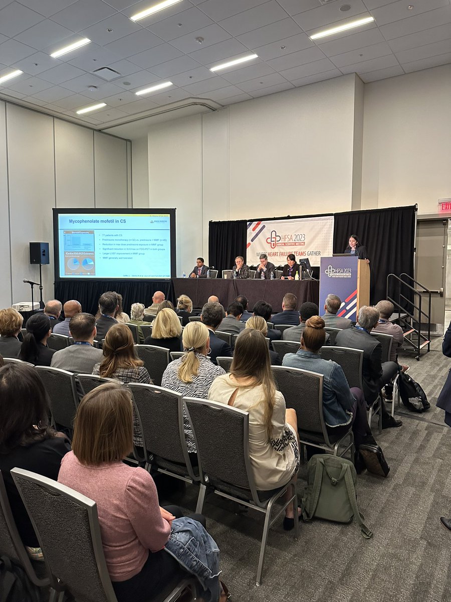 Informative and very well attended session on cardiac sarcoidosis at #HFSA2023! @ngilotraMD sharing @JanMGriffin’s research: 🔸Mycophenolate in combo w prednisone may minimize corticosteroid exposure and decrease cardiac inflammation w/o significant AE #womeninHF