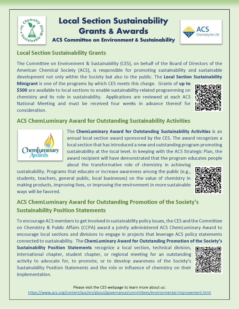 DRIKEHATA's tweet photo. Is your @AmerChemSociety (ACS) local section planning an event to promote #sustainability and sustainable development in 2024? The ACS Committee on Environment &amp; Sustainability (CES) offers $500 mini-grants to enable sustainability programming on #chemistry. Deadline: Feb. 2024 https://t.co/YkSuQoFSA8