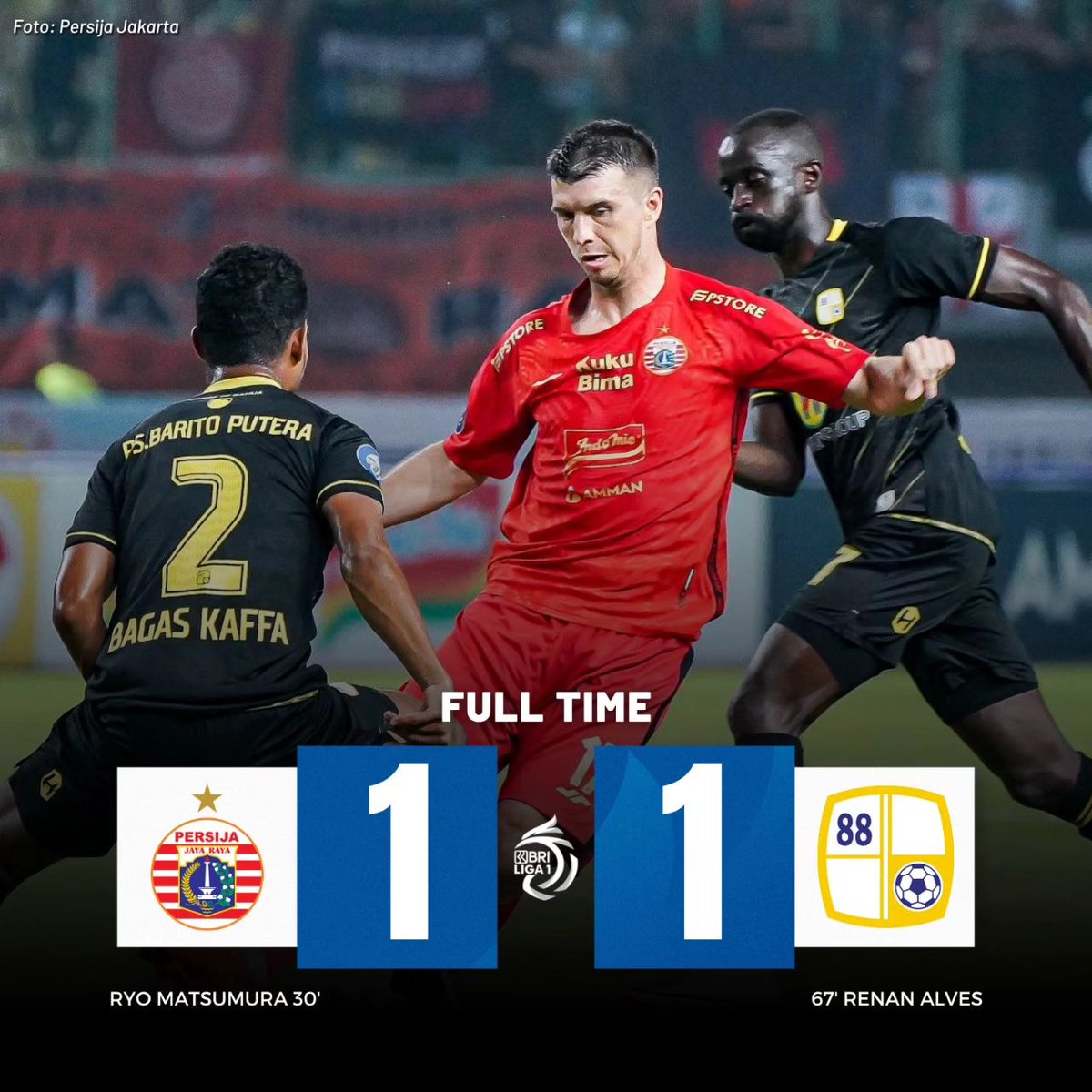 IMBANG LAGI
Persija Jakarta ditahan imbang 1-1 oleh Barito Putera

Persija sempat unggul, namun disamakan Barito Putera di babak kedua melalui sundulan Renan Alves..
Gol yang ga perlu terjadi jika Andritany lebih sigap

Hasil imbang 3x beruntun Persija... gimana nih Jak
#persija