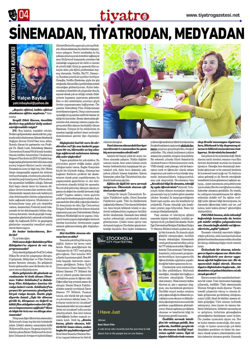 rtsdilek's tweet photo. Berlin Tiyatro Gazetesi’ yer alan röportaj için değerli Yazar arkadaşım @YalcinBaykul a teşekkür ederim https://t.co/2gGInIWWgA
