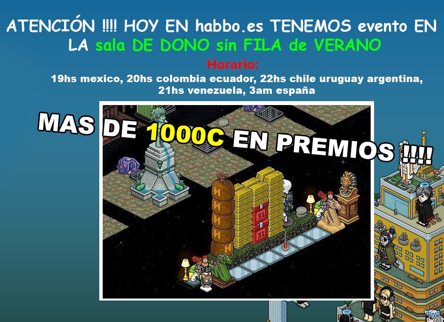 hoy nuestro compañero guia del dono de verano extraadte va a estar donando mas de 1000c en premios, NO SE DUERMAN !!!!, toda la info está en la imagen, vamos a transmitir en vivo el evento en twitch.tv/userd4mo