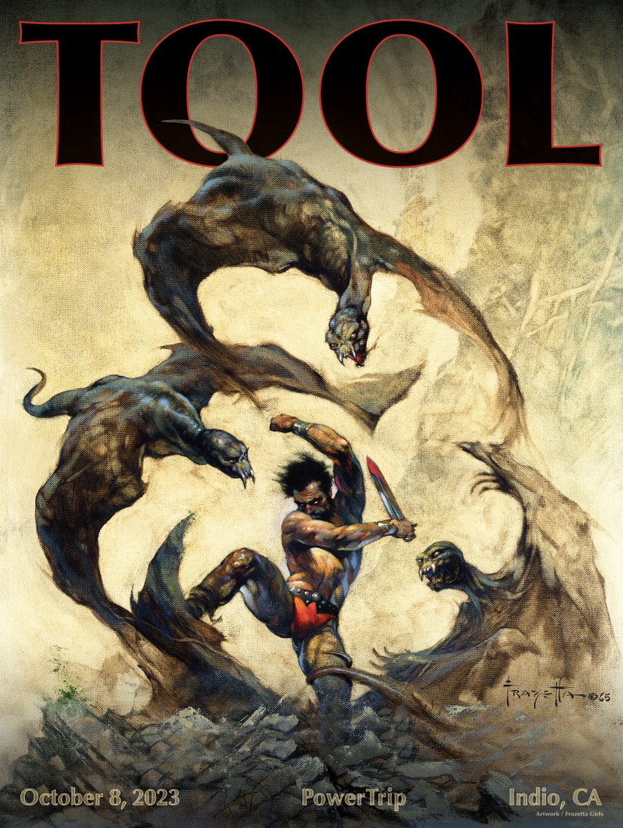 Tool's tweet photo. We perform at @Powertriplive in Indio, California tomorrow at 6:55pm. Don’t forget to grab this exclusive merch poster, with artwork designed by Frank Frazetta and courtesy of @frazettagirls. https://t.co/dOnsMnuWlG