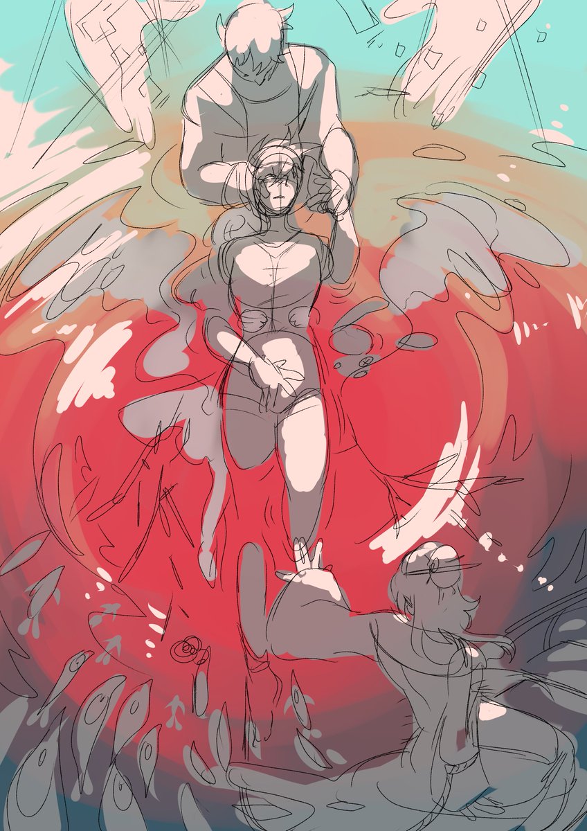 I dont have any new art to share so take a couple of very rough and old slow damage WIPS 😔 the first one was actually a sketch of the very first slow damage art I ever did after finishing the game, but I never went back to fully illustrate it. The last one is from homelight 🥲