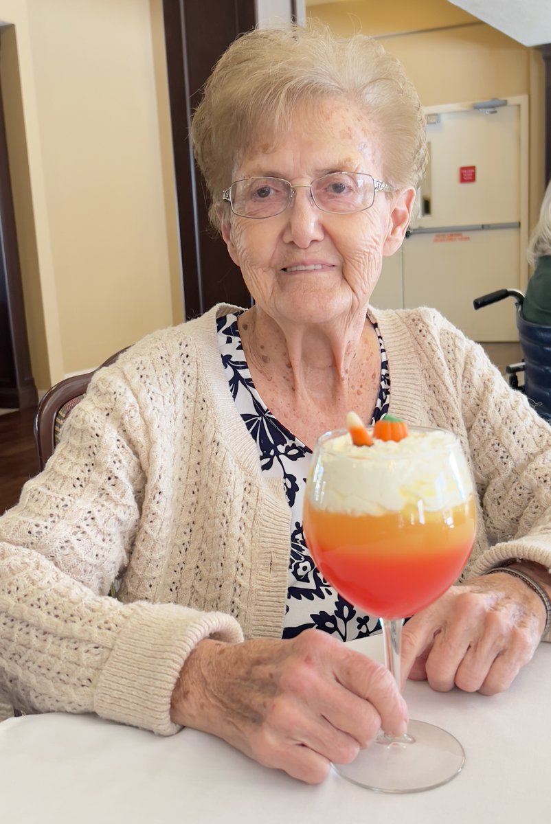 OakwoodHC's tweet photo. Today we are enjoying our weekly Happy Hour with the drink of the week, Candy Corn Cocktail and treats from our culinary team. Karaoke by staff and residents makes for a fun afternoon. https://t.co/D6j1sRMPjp