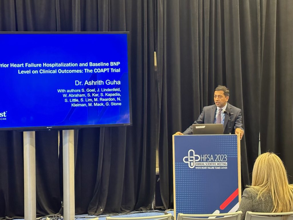 Congrats and thanks @AshrithGuhaMD for presenting our study @HFSA #HFSA2023 impact of prior HFH and baseline BNP on outcomes of patients with FMR from COAPT @GreggWStone @tavrkapadia @SLittleMD @LindenfeldJoann @TheDoctorMack @TheHeartBeat3 @MReardon19 #Saibal Kar #ScottLim