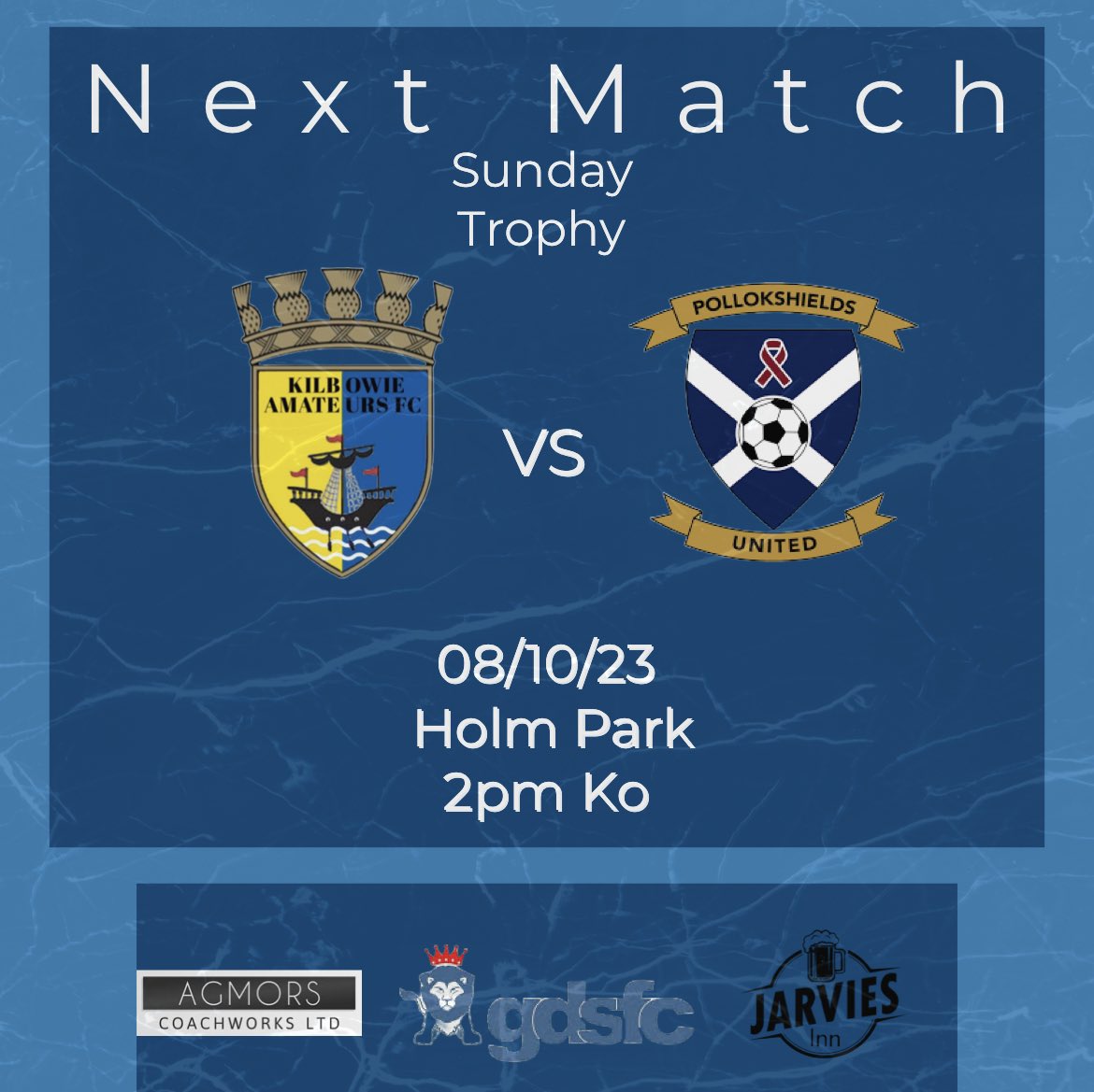 KilbowieAFC's tweet photo. Sunday Trophy action this weekend as we face @PshieldsUtd from the Premiership in our set-up. Tough draw but we did well in both cups last year with some shocks along the way. Cracking cup game expected. 

🏆Sunday Trophy
🆚Pollockshields Utd
🏟️Holm Park
📆08/10/23
⏰2pm Ko. 

💙 https://t.co/rsF2SImQJ0