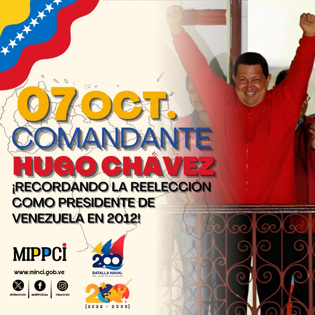 #Efémeride🗓️: Hoy celebramos la histórica victoria del Comandante Hugo Chávez en las elecciones presidenciales de 2012, cuando más de 8 millones de venezolanos eligieron al líder de la Revolución Bolivariana como su Presidente Constitucional.   #ElEsequiboEsNuestro