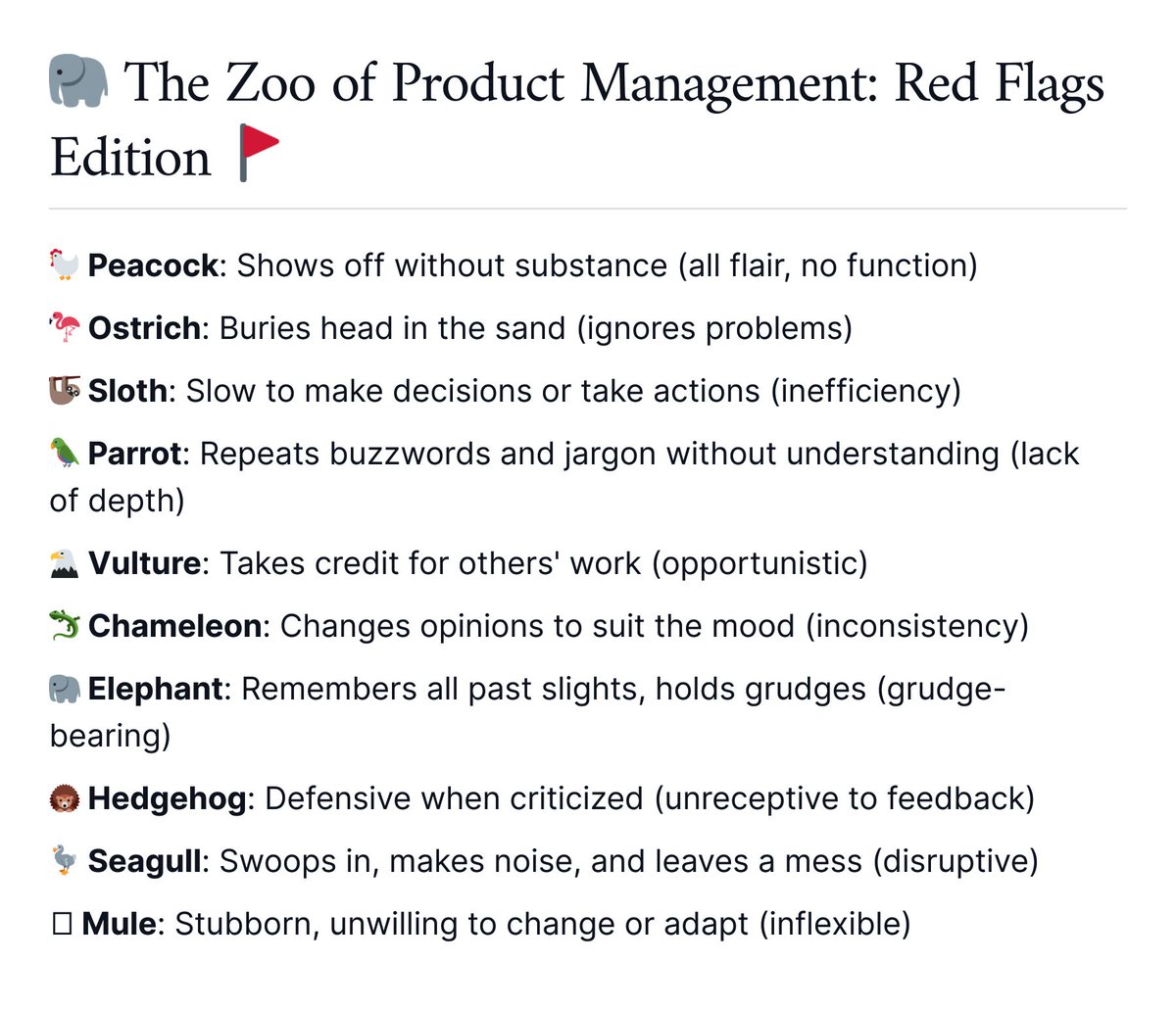 nurijanian's tweet photo. Welcome to the Zoo of Product Management (Red Flags edition) https://t.co/oOzmNj3rUc