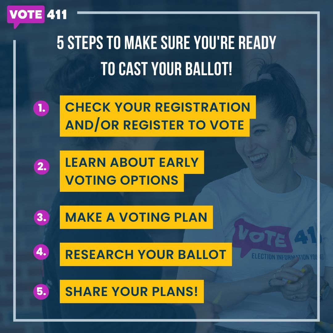 Every year is an election year! 🗳️ 

Here are 5 steps to make sure you're ready to make your voice heard at the polls🔥. Make your plan to vote at VOTE411.org.