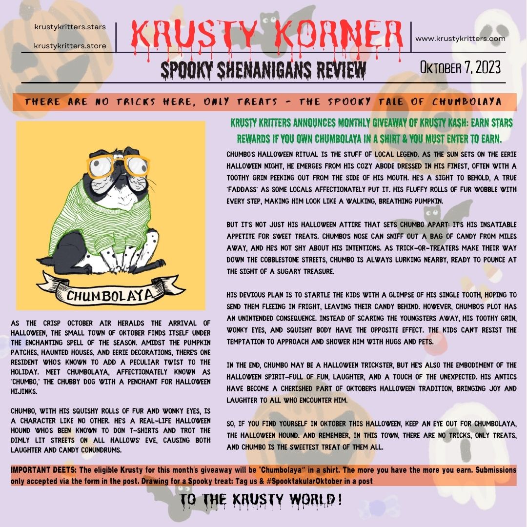KrustyKritters's tweet photo. Spooky Oktober Giveaway details - read all about it! Collect them Krusties for more Krusty Kash each month! New kriteria announced monthly #KeepItKrusty #KrustyKash #KrustyKorner #Shenanigans #Chumbolaya #SpooktakularOktober
Entry/Submission form: https://t.co/oFtca5aDvi https://t.co/dCHVFzJ7OP