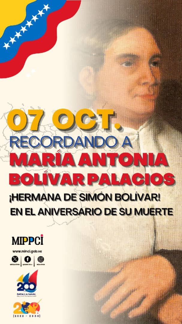 #Efémeride🗓️: Hoy recordamos a María Antonia Bolívar y Palacios, hermana mayor del Libertador Simón Bolívar, quien falleció el #7Oct de 1842 en #Caracas. 

Aunque mostró afinidad por la causa realista, mantuvo una buena relación con su hermano.

 #ElEsequiboEsNuestro