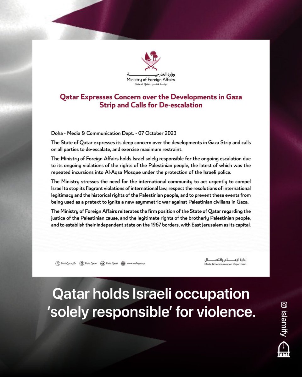 Alhamdhulillaah's tweet photo. 🚨 Qatar's  Ministry of Foreign Affairs released a press statement holding the  Israeli occupation 'solely responsible' for the ongoing violence in  Occupied Palestine. https://t.co/EItCzAYyNF