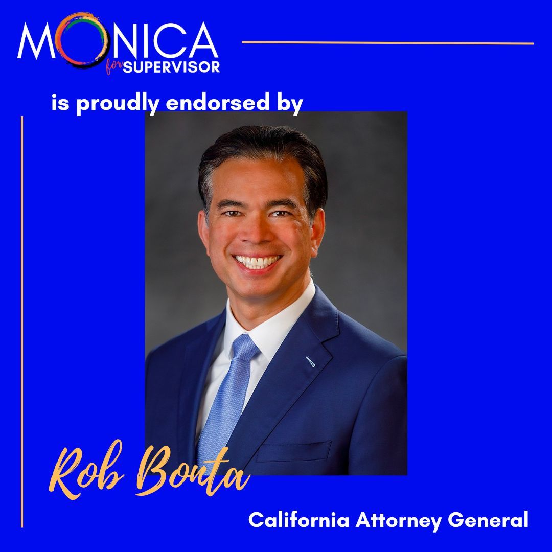 Monica4SanDiego's tweet image. Grateful for Attorney General Rob Bonta’s endorsement of our campaign for San Diego County Board of Supervisors. @RobBonta has been a champion for affordable housing, gun violence prevention, voting rights, and criminal justice reform for California. I&apos;m thankful for his support!