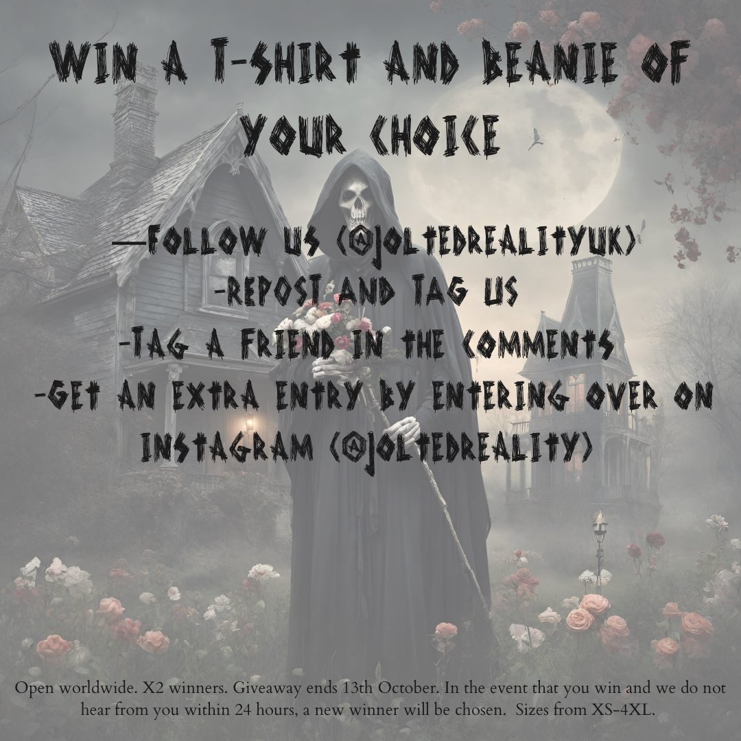joltedrealityuk's tweet photo. 🖤☠️GIVEAWAY☠️🖤

We are giving two of you the chance to win a T-shirt and beanie of your choice! Entries close 13th October - good luck 🖤 https://t.co/i5EyiZX227
