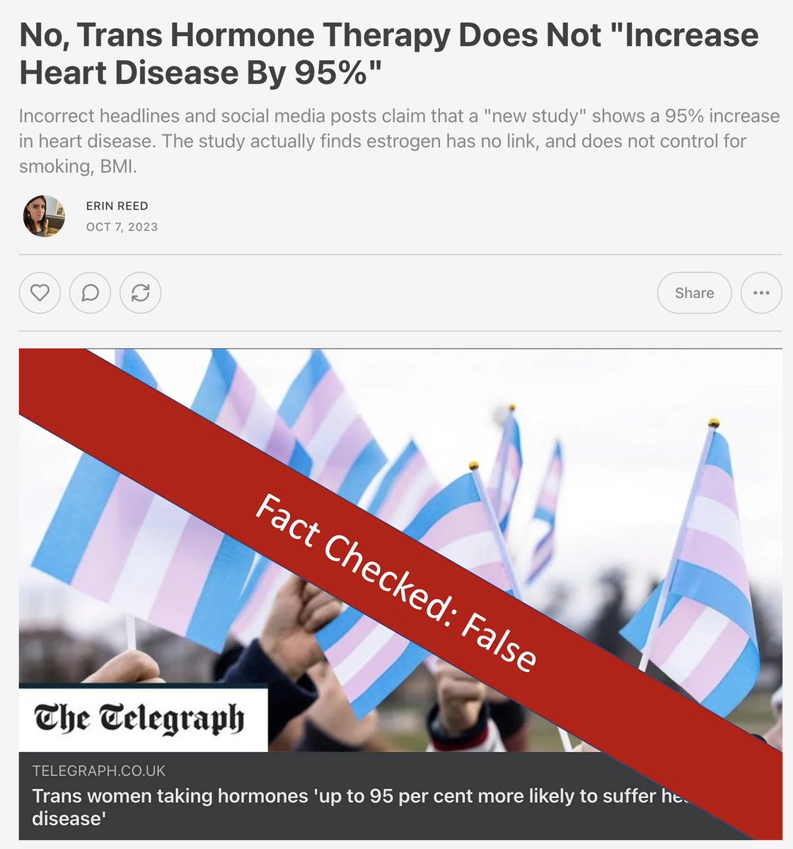 ErinInTheMorn's tweet image. Viral disinfo posts are saying a new study shows HRT "raises heart disease by 95%"

This is a lie
1) Study is 1yr old, not new
2) Results non-sig for MTF
3) Linkage to T is small for FTM
4) Smoking, BMI, exercise are not controlled for.

Subscribe to support my work.

🧵