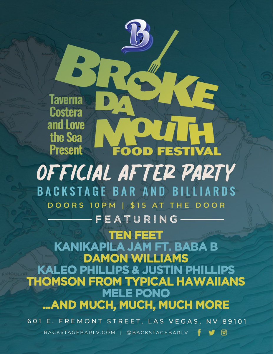 Backstage Bar & Billiards (@backstagebarlv) on Twitter photo π’ JUST ANNOUNCED π£οΈ βββββββββ
Join us for the BROKE DA MOUTH After Party for special performances including a kanikapila jam and the entire hawaiian community!
This is a night you won't want to miss...
π
Sunday October 8th
β° 10PM π 21+ π« $15 Cover
π 601 Fremont Street π’ JUST ANNOUNCED π£οΈ βββββββββ
Join us for the BROKE DA MOUTH After Party for special performances including a kanikapila jam and the entire hawaiian community!
This is a night you won't want to miss...
π
Sunday October 8th
β° 10PM π 21+ π« $15 Cover
π 601 Fremont Street
