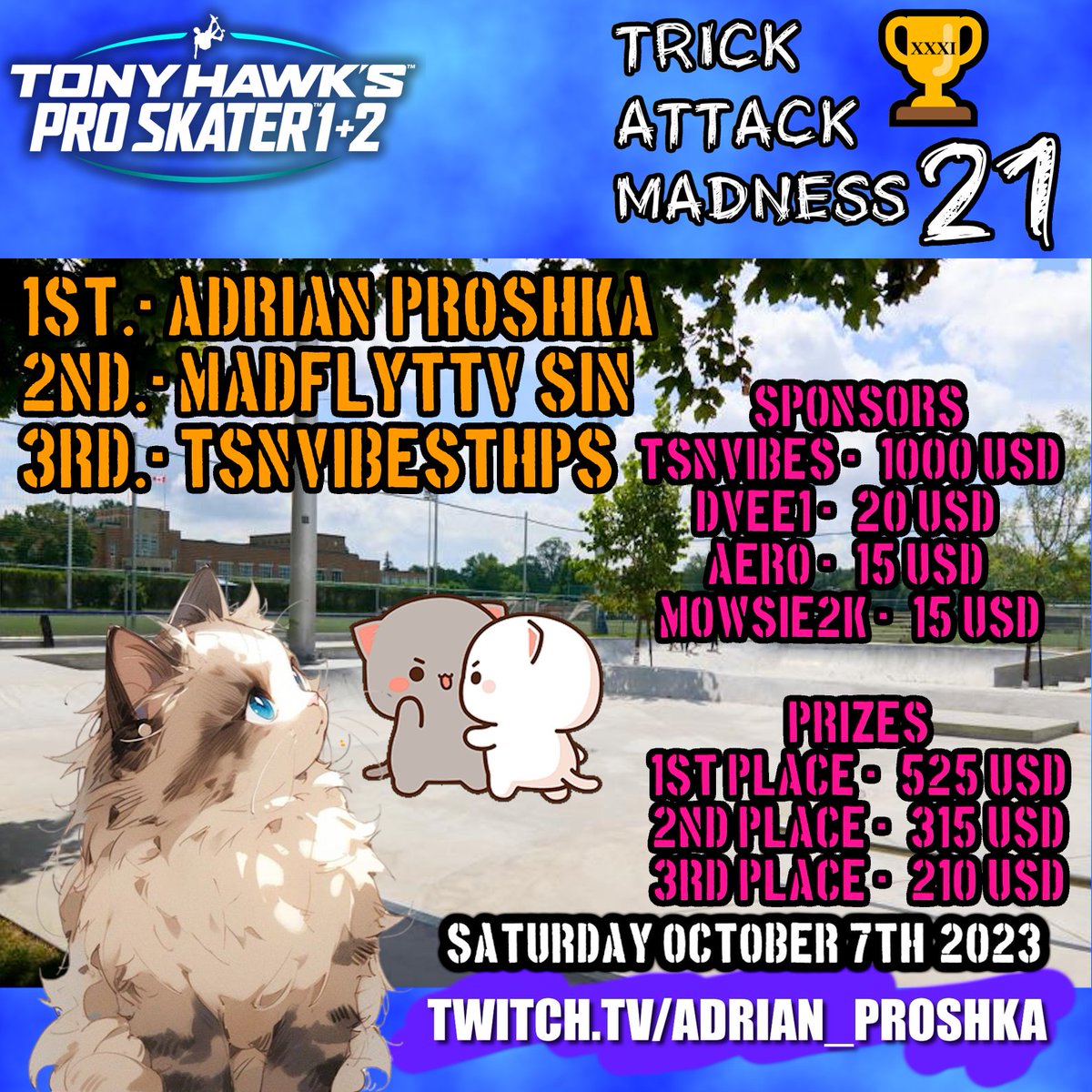 AdrianProshka's tweet photo. THANK YOU  everyone who participated and watched, and a special thank you to our sponsors who make these tournaments more hype: 

TsnVibes - $1000 USD  
Dvee1 - $20 USD   
Aero - $15 USD   
Mowsie2k - $15 USD  

#thps #thps1and2 #tournament #TrickAttack #TonyHawk #skate #SK8 #win https://t.co/VqJ5RdX29g