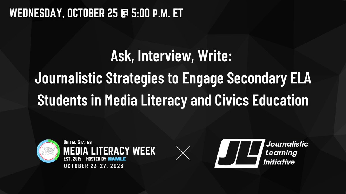 NAMLE (@medialiteracyed) on Twitter photo Join this #MediaLitWk event to learn more about <a href="/journlearning/">Journalistic Learning</a>. Journalistic learning is a project-based approach that integrates media literacy & civic engagement to activate student voice & choice in the general language arts classroom. 
Register NOW 🙌 ow.ly/yJ9950PU7nf Join this #MediaLitWk event to learn more about <a href="/journlearning/">Journalistic Learning</a>. Journalistic learning is a project-based approach that integrates media literacy & civic engagement to activate student voice & choice in the general language arts classroom. 
Register NOW 🙌 ow.ly/yJ9950PU7nf