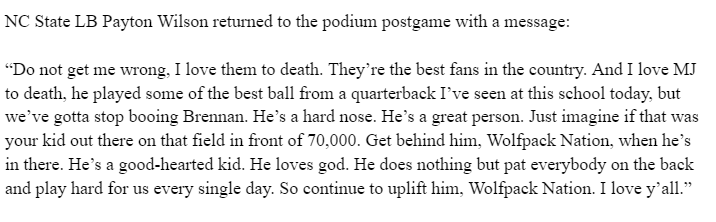 fleischman_noah's tweet photo. NC State QB Brennan Armstrong was booed by the fans when he entered the game against Marshall in the fourth quarter.  

LB Payton Wilson had a message after his press conference was over about that: https://t.co/rzHQjxcOpn