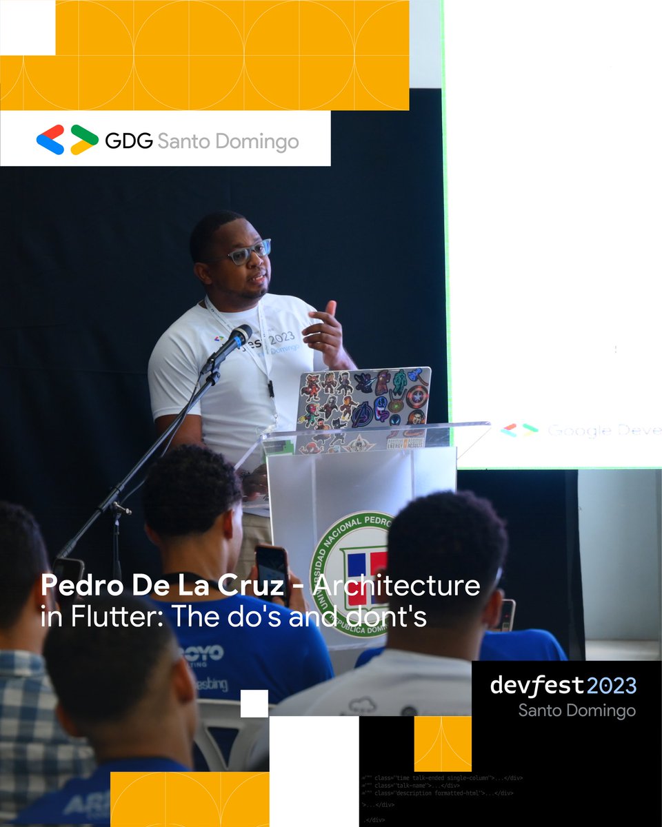 📐 Arquitectura en Flutter: Lo que debes y no debes hacer. Construyendo apps de calidad 😎.⁣
⁣
📍#UNPHU⁣⁣⁣⁣
.⁣⁣⁣⁣
.⁣⁣⁣⁣
.⁣⁣⁣⁣
#devfest #devfest2023 #devfestsantodomingo #empleos #tech #appdevelopment #angular #coder #developer #development #gdg #html