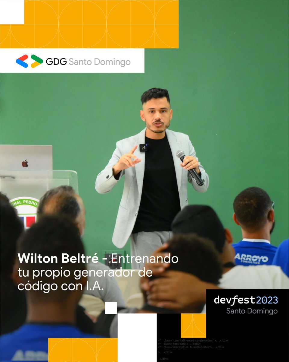 🧠 Entrena tu propio generador de código con IA. Empodera tu convicción sobre esta tendencia tecnológica.⁣
⁣
📍#UNPHU⁣⁣⁣⁣
.⁣⁣⁣⁣
.⁣⁣⁣⁣
.⁣⁣⁣⁣
#devfest #devfest2023 #devfestsantodomingo #empleos #tech #appdevelopment #angular #coder #developer #development #gdg