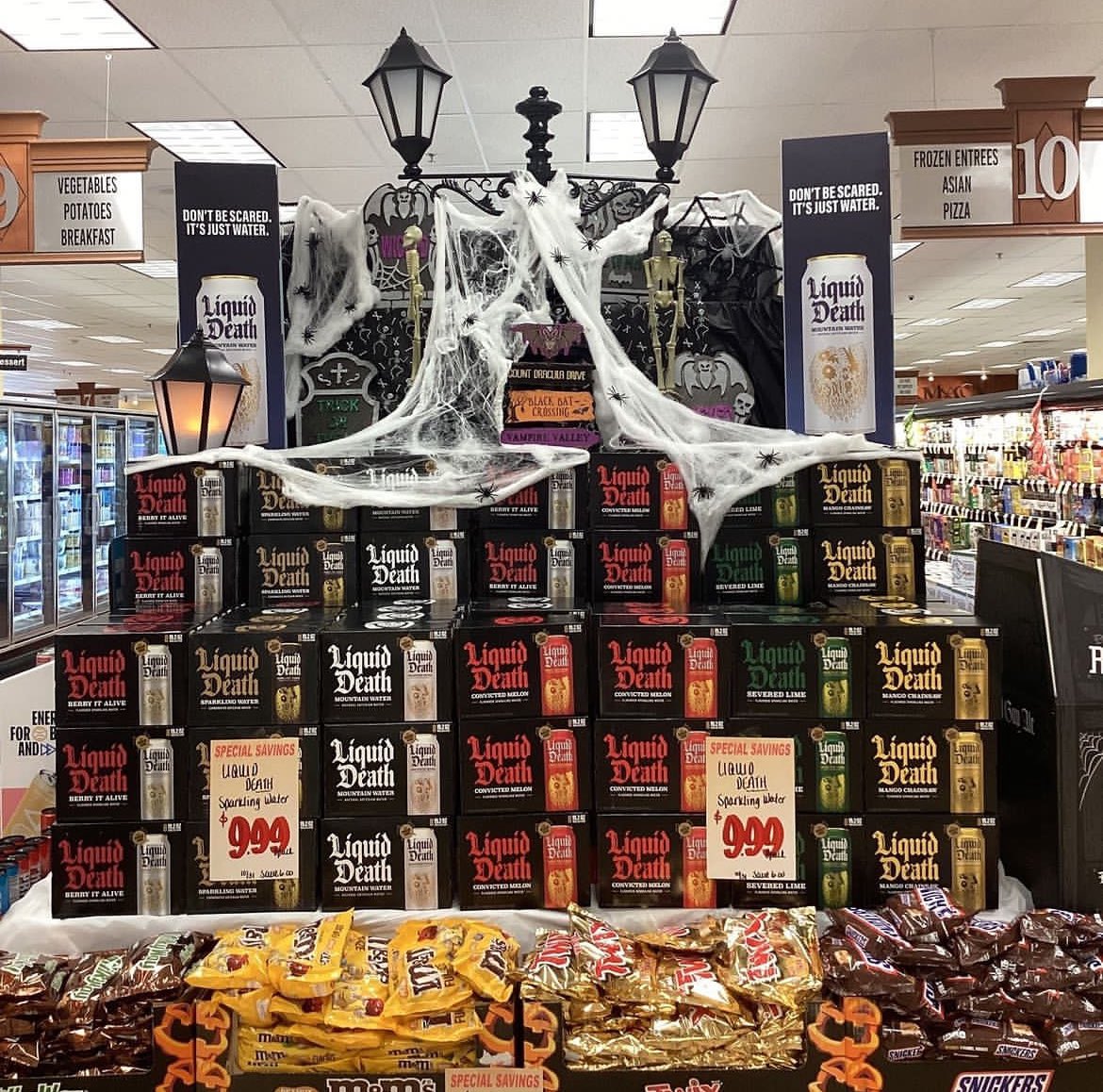 guhlo's tweet photo. Murdering Halloween retail beverage displays 
- @LiquidDeath https://t.co/LOEKoSJM3d