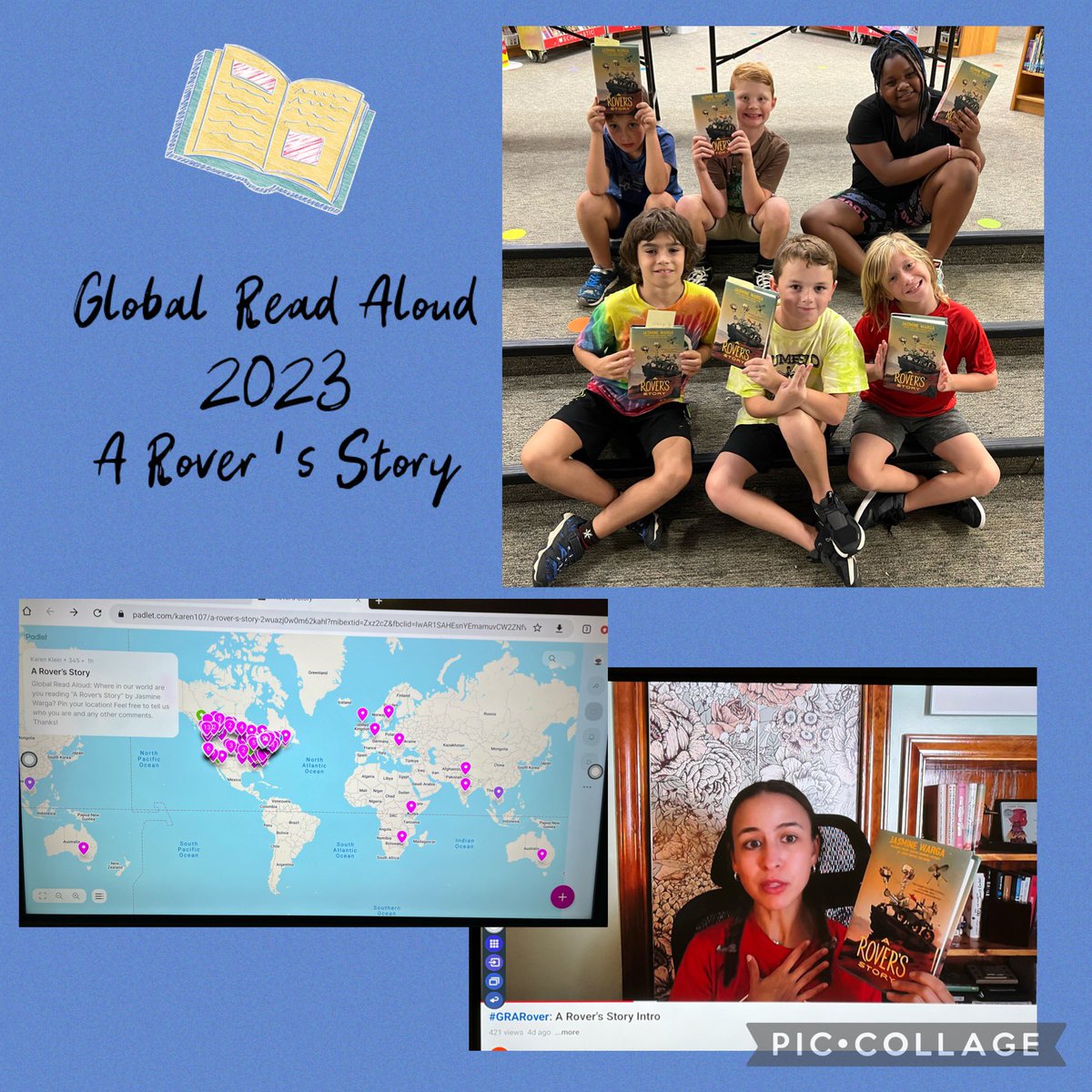 LindaHume10's tweet image. Grateful to @pernilleripp for organizing another year of #GlobalReadAloud. 

Have 2 after-school book clubs @JGB_Library. My #ARoversStory group is small but mighty. They loved hearing @jasminewarga share about her book &amp;amp; seeing us on the map of participants.