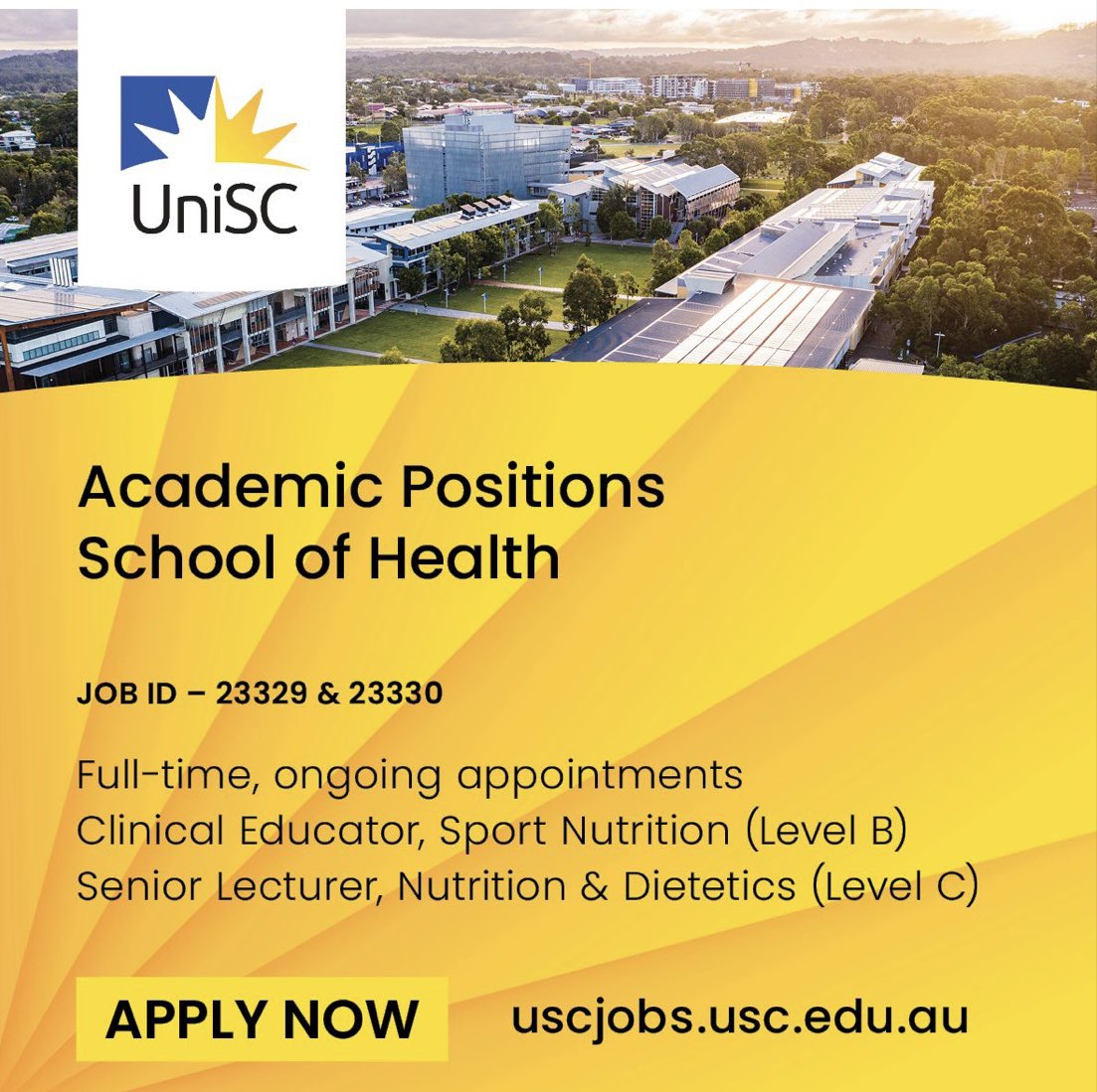 Exciting new job opportunities in sports nutrition at UniSC @usceduau . Apply now to join our team. #UniSCsportsnutrition