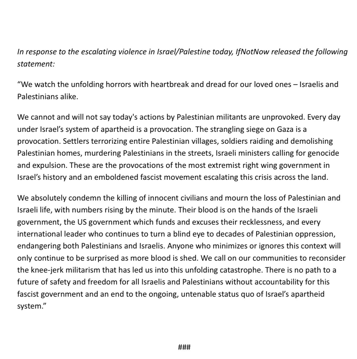 Our statement on the escalating violence in Israel/Palestine: