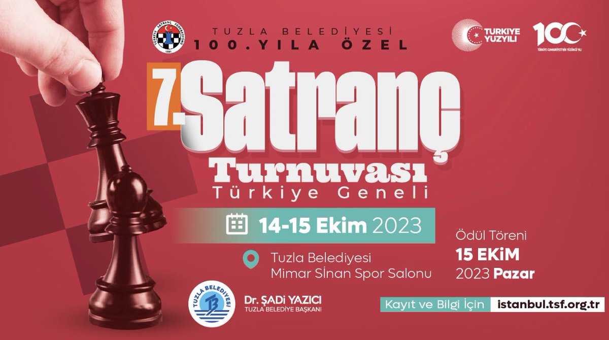 Tuzla Belediyesi tarafından 29 Ekim Cumhuriyet Bayramı etkinlikleri kapsamında 14-15 Ekim 2023 tarihlerinde Tuzla Belediyesi 100. Yıla Özel Cumhuriyet Bayramı 7. Satranç Turnuvası düzenlenecektir.

istanbul.tsf.org.tr/turnuva-haberl… <a href="/TSFistanbul/">TSF İstanbul</a>