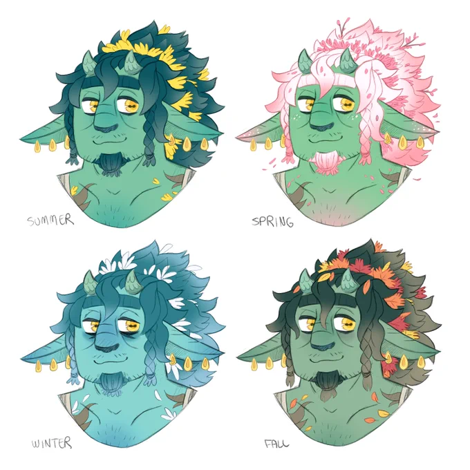 Noah is a firbolg highly attuned to seasons. With each season, the plants growing on him change, and his whole color scheme adapts!  His personality too! Summer Noah is jovial, Spring is romantic and cuddly, Winter is sleepy and Fall is a bit morose and gloomy. 