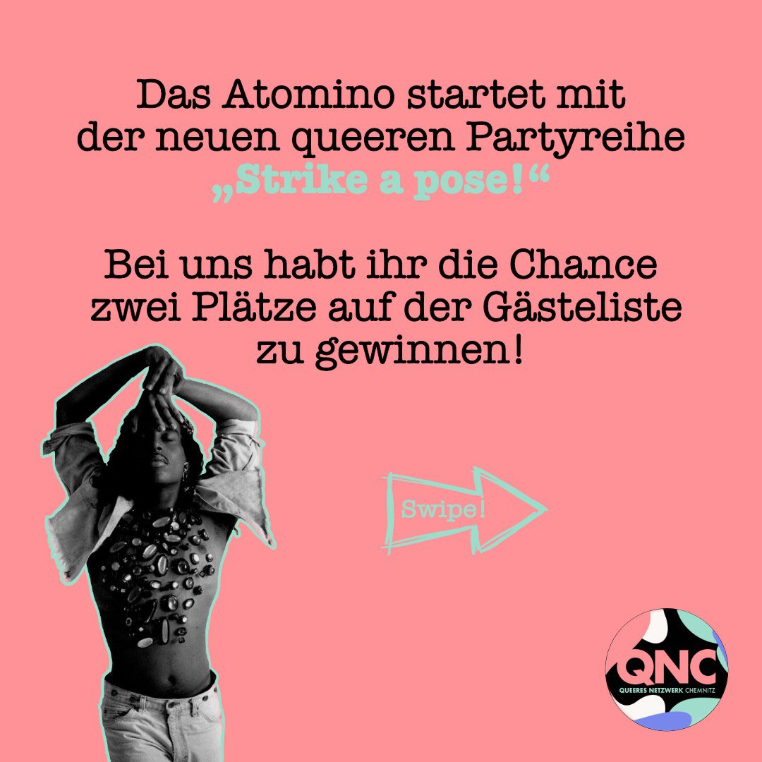 QueeresChemnitz's tweet photo. Am 13.10. startet im @clubatomino die neue queere Partyreihe "Strike a pose!" 🪩💃

Auf unserem Instagramkanal habt ihr die Möglichkeit, zwei Plätze auf der Gästeliste für die Party zu gewinnen! 

Den direkten Link zum Post findet ihr unter diesem Tweet! ⬇️ https://t.co/ZiQsCFgRg7