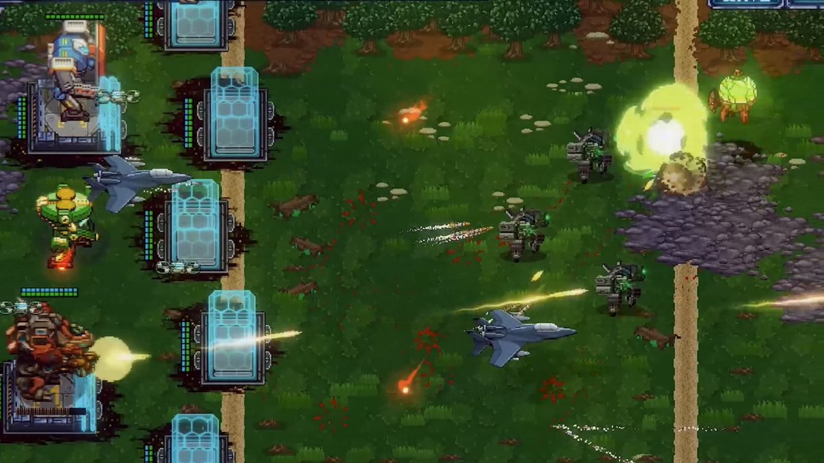 Some epic screenshots for today of our game Mechs V Kaijus. A high-octane active tower defense mayhem!  

#screenshotsaturday #pixelart #Indiegame #IndieGameDev #indiedevs